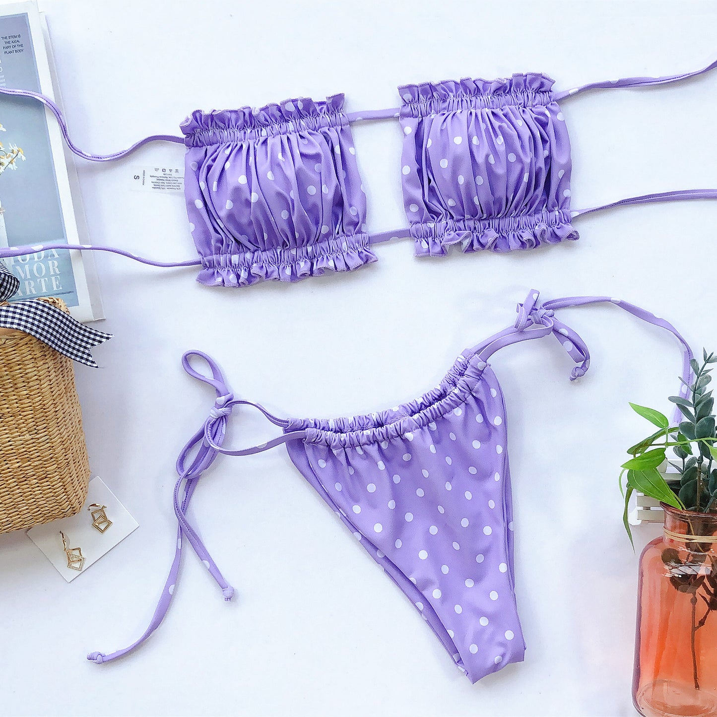 Elegant Purple Swimwear Women Off Shoulder Pleat Bikini Holl
