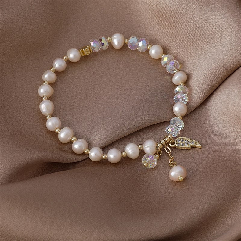 Freshwater Pearl Bracelet Women's Exquisite Baroque Crystal Bracelet Student Girlfriends Ins Special-Interest Design Wings Bracelet
