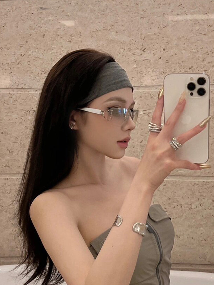 Fashion Retro Y2g Sexy Sunglasses Women's Fancy Frameless Diamond Photo Concave Shape Sun Glasses Niche Style