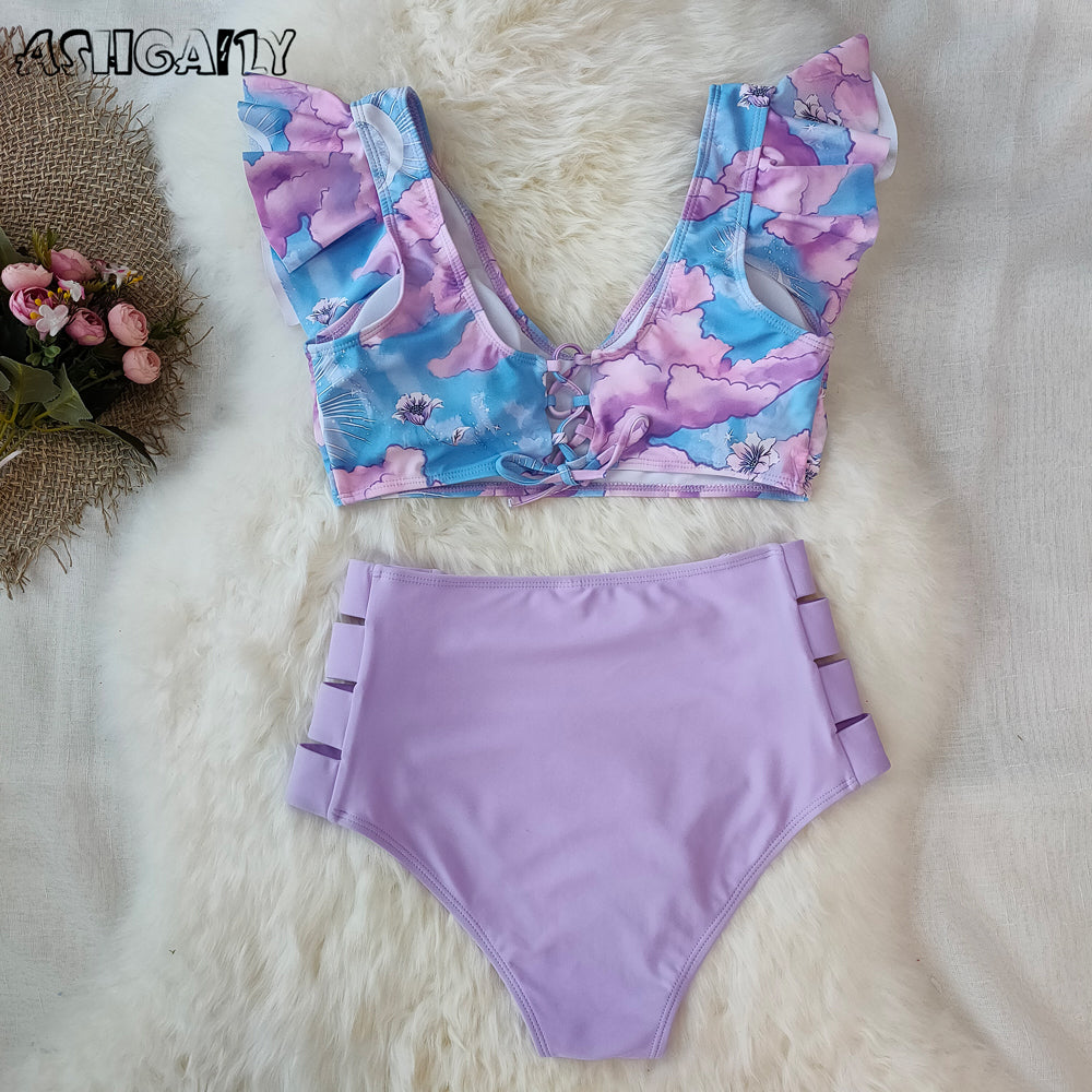 Print Swimwear Women High Waist Bikini Ruffle Swimsuit