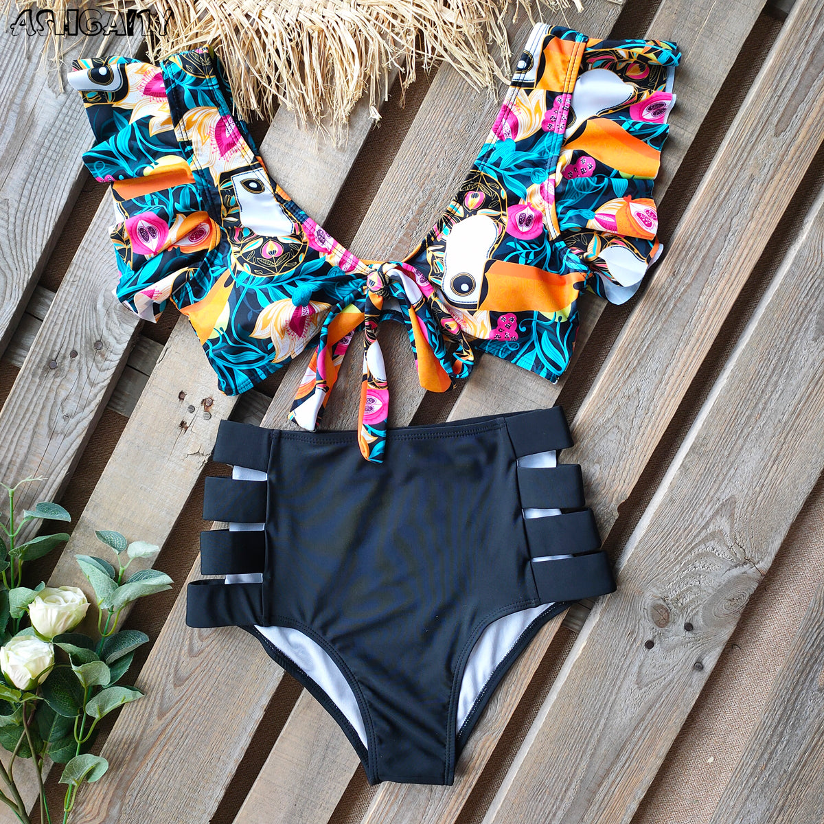 Print Swimwear Women High Waist Bikini Ruffle Swimsuit
