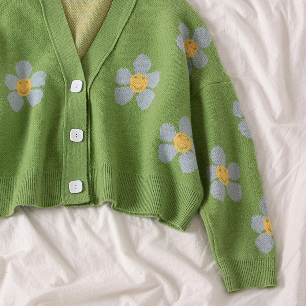 Preppy Style Flower Knitted Cardigans Sweater Women Cropped