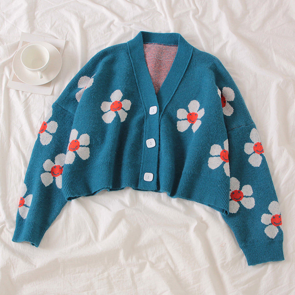 Preppy Style Flower Knitted Cardigans Sweater Women Cropped