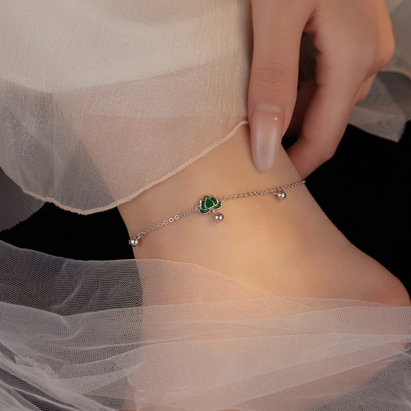 S925 Sterling Silver Step-by-Step Lotus Sliver Beads Anklet Female Retro Artsy Fresh Lotus Lucky Beads Ankle Chain Ornament