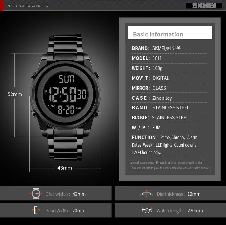 SKMEI 1611 Chrono Count Down Alarm Hour For Mens reloj hombre Digital 2 Time Mens Watches Fashion LED Men Digital Wristwatch