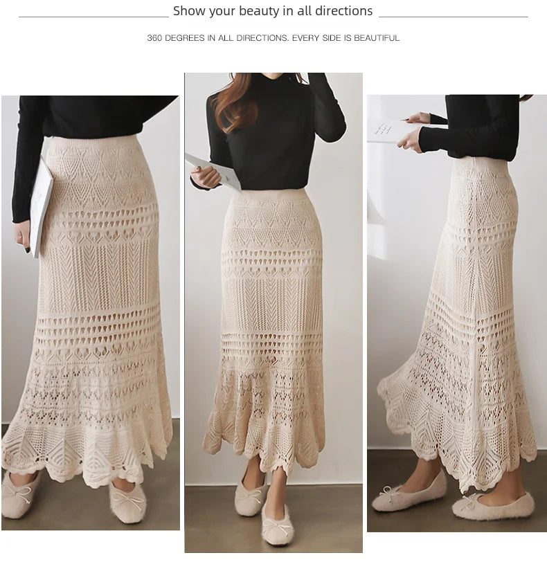 Spring Autumn High-waisted Loose-fit Knit Skirt Women's Hook Flower Hollow Out Long Dress 90cm