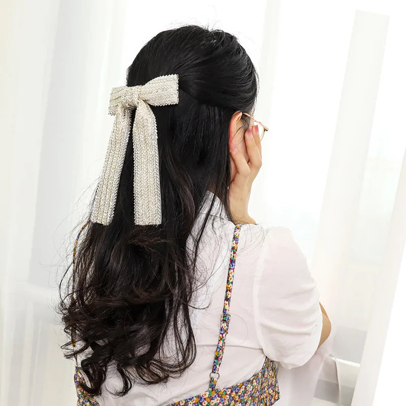 Glass Diamond Beaded Full Pearls Hairclip Bows Ribbon Barrette Girls Bow Hairpins Wedding Hair Accessories Hair Clips Women