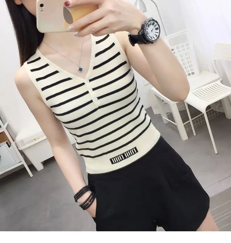 Summer New Short Ice Silk Sling Striped Tank Women's V-neck Button Slim Elastic Versatile Fashion Knitted Sleeveless Top