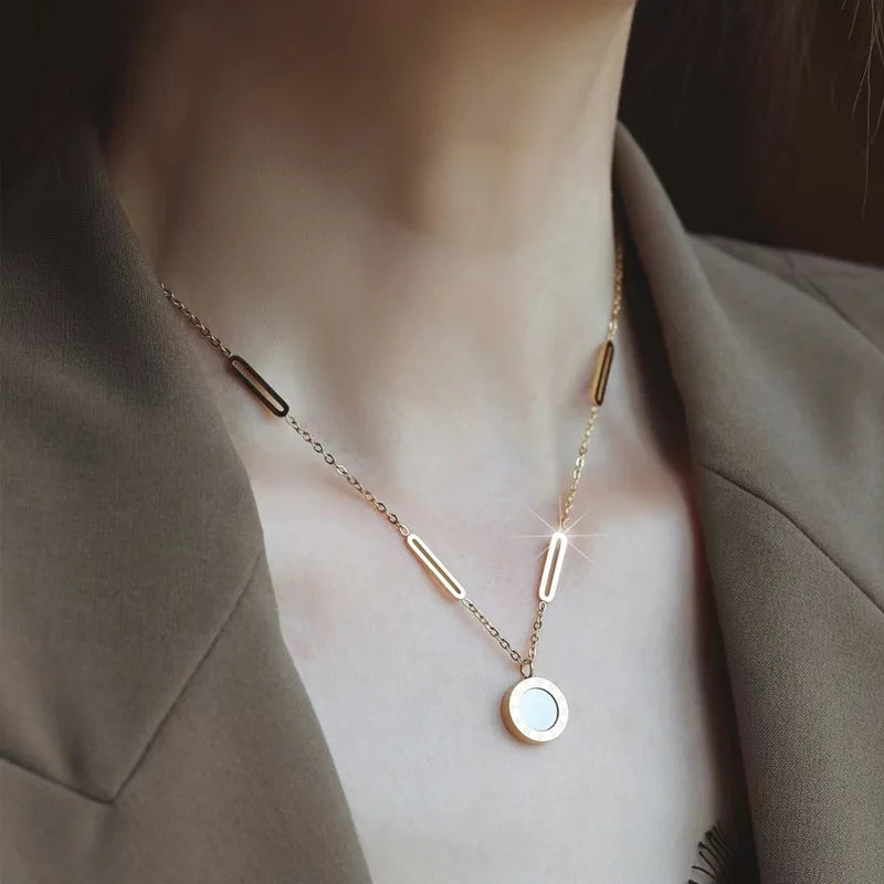Fashion Roman Digital Wafer Pendant Necklace Stainless Steel Party Jewelry for Women Sexy Choker