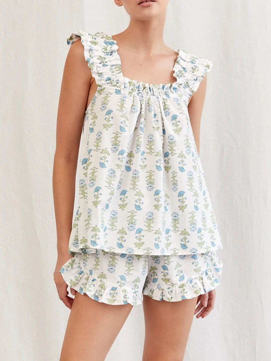 Women Floral Print Summer Set Square Neck Flutter Sleeve Loose Tank Tops Ruffled Shorts 2-Piece Outfits