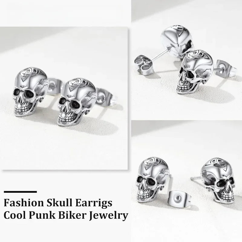 Gothic Skull Earrings for Men Boys Stainless Steel Jewlery Cool Punk Earring Studs for Party Halloween Father Days Gifts