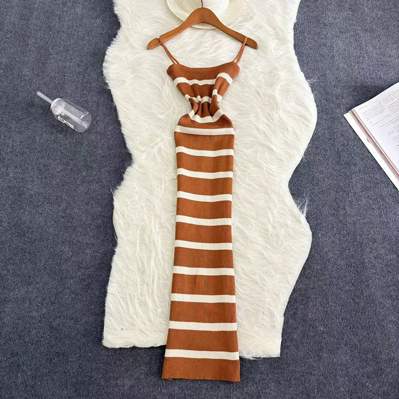 Summer Stripe Elastic Bodycon Strap Dress Sexy Beach Sundress Women Casual Slim Pencil Vestidos Maxi Long Dress