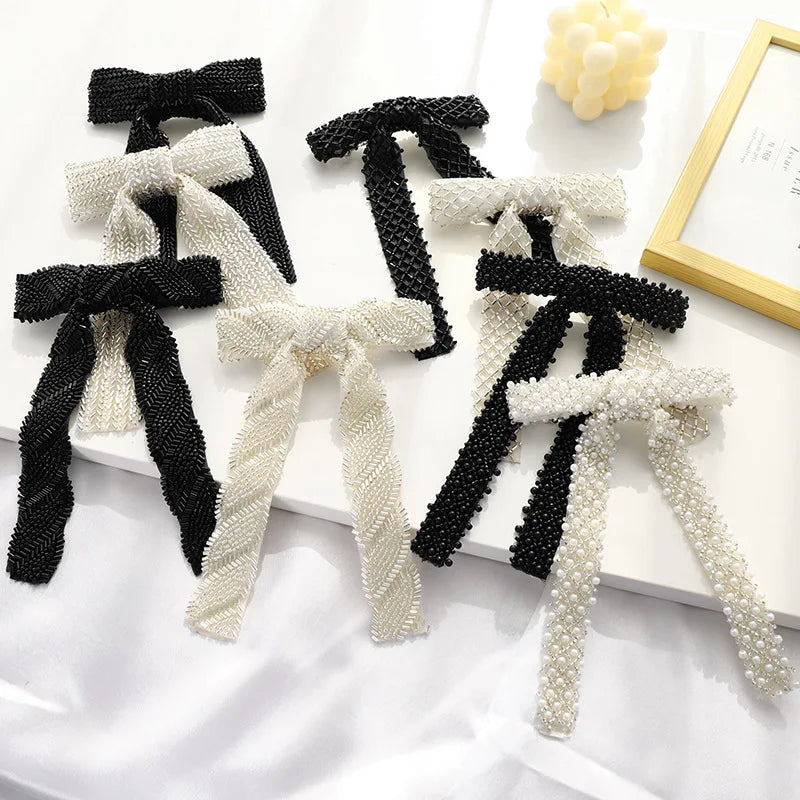 Glass Diamond Beaded Full Pearls Hairclip Bows Ribbon Barrette Girls Bow Hairpins Wedding Hair Accessories Hair Clips Women