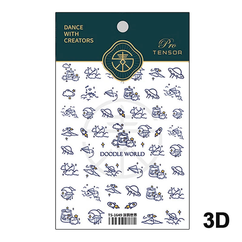 Colored Doodle Violin Music Note Design 5D Embossed Reliefs Nail Art Stickers Cute 3D Self Adhesive Manicure Decals Wholesale