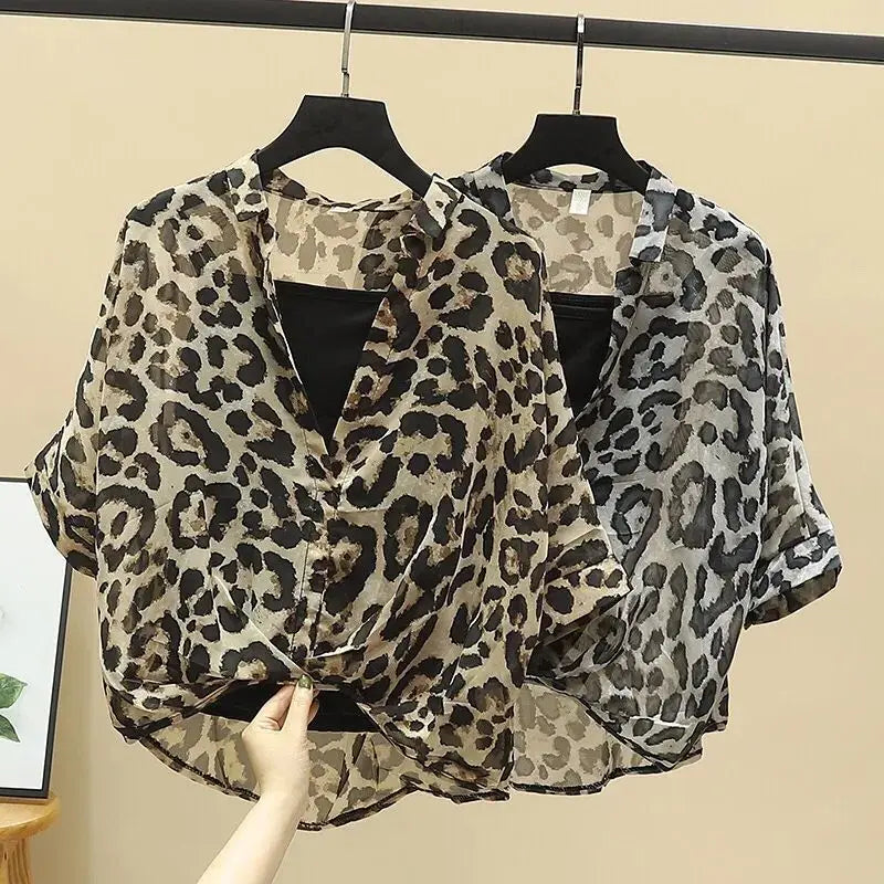 2025 Blusas Mujer De Moda Chiffon Shirts Sets Fashion Sexy Leopard V-neck Blouses Tunic Vest Suit Temperament Summer Loose Tops