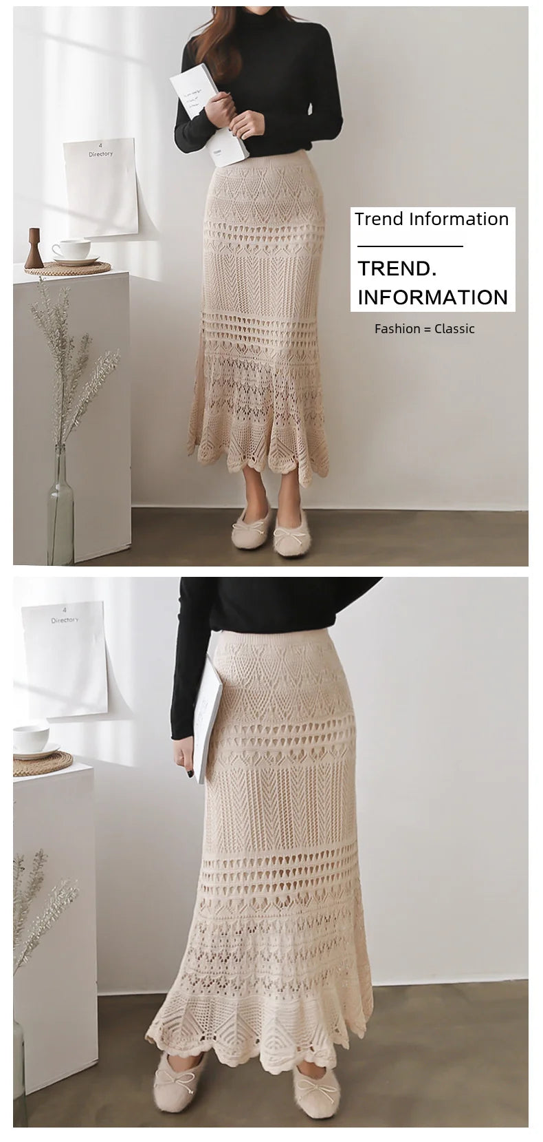 Spring Autumn High-waisted Loose-fit Knit Skirt Women's Hook Flower Hollow Out Long Dress 90cm
