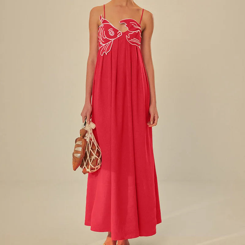 3D Fish Shaped Embroidery Pleated Sling Dress Women Spring Strapless Hollow Party Long Dress Summer Backless Side Zip Boho Dress