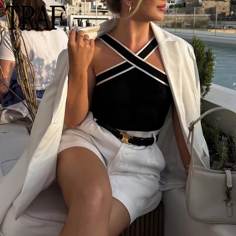 TRAF Black Knit Tank Top Female Off Shoulder Crop Tops For Women Backless Sleeveless Top Woman Streetwear Sexy Summer Tops