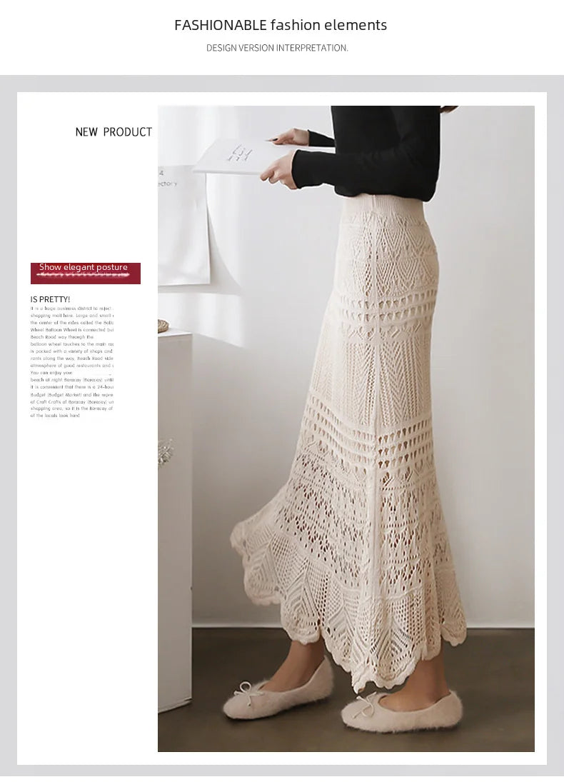 Spring Autumn High-waisted Loose-fit Knit Skirt Women's Hook Flower Hollow Out Long Dress 90cm