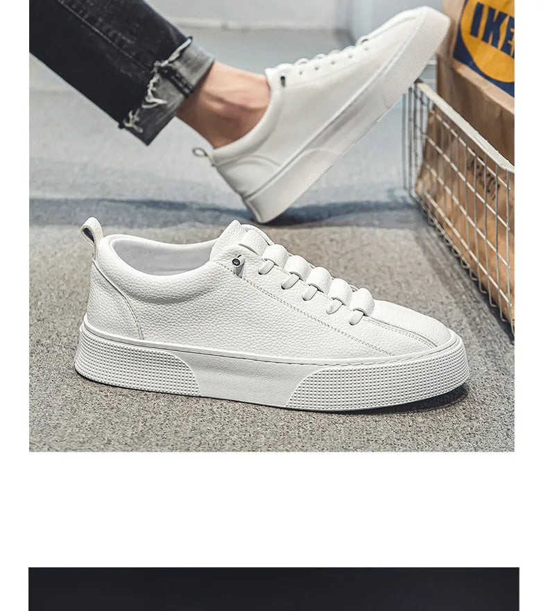 Men Classic White Leather Sneakers Casual Soft Leather Shoes Lace-up Shoes Mens Fashion Outdoor Walking Shoes Male Trainers
