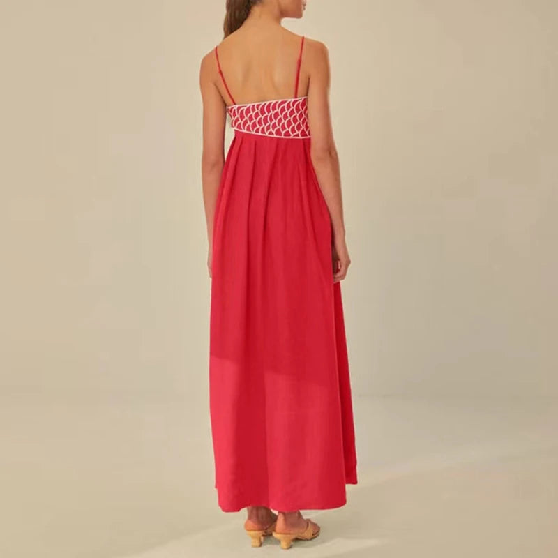 3D Fish Shaped Embroidery Pleated Sling Dress Women Spring Strapless Hollow Party Long Dress Summer Backless Side Zip Boho Dress