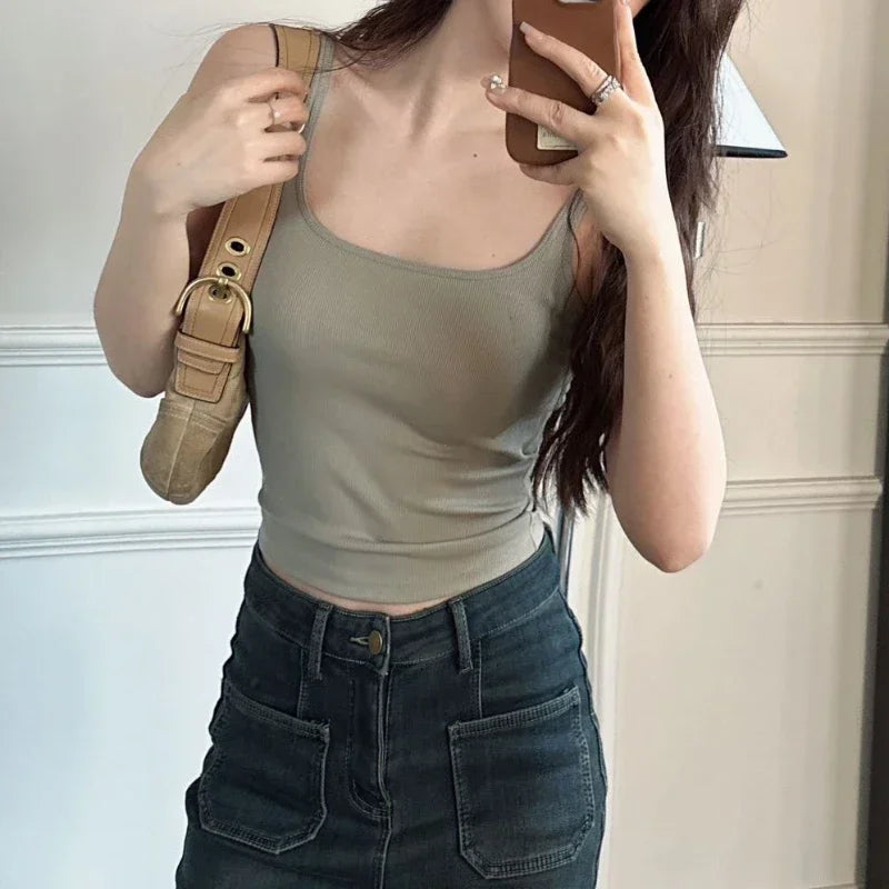 Solid All-Match Invisible Integrated Chest Pad Cami 2024 Spring New Korean Women clothes Short Sleeveless Top