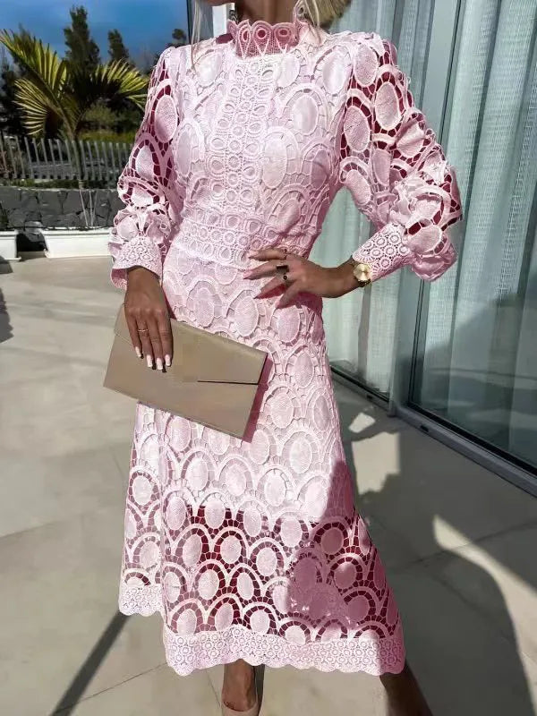 Spring New Fashionable French Lace Stand Up Collar With Bubble Sleeves Waist Cinching Slimming Dress Elegant Long Dress
