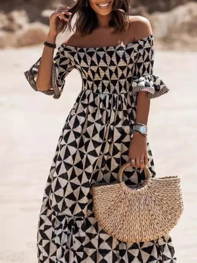 Women's Fashion Dress One Line Neck Off Shoulder Elegant Printed Waist and Ankle Long Dress