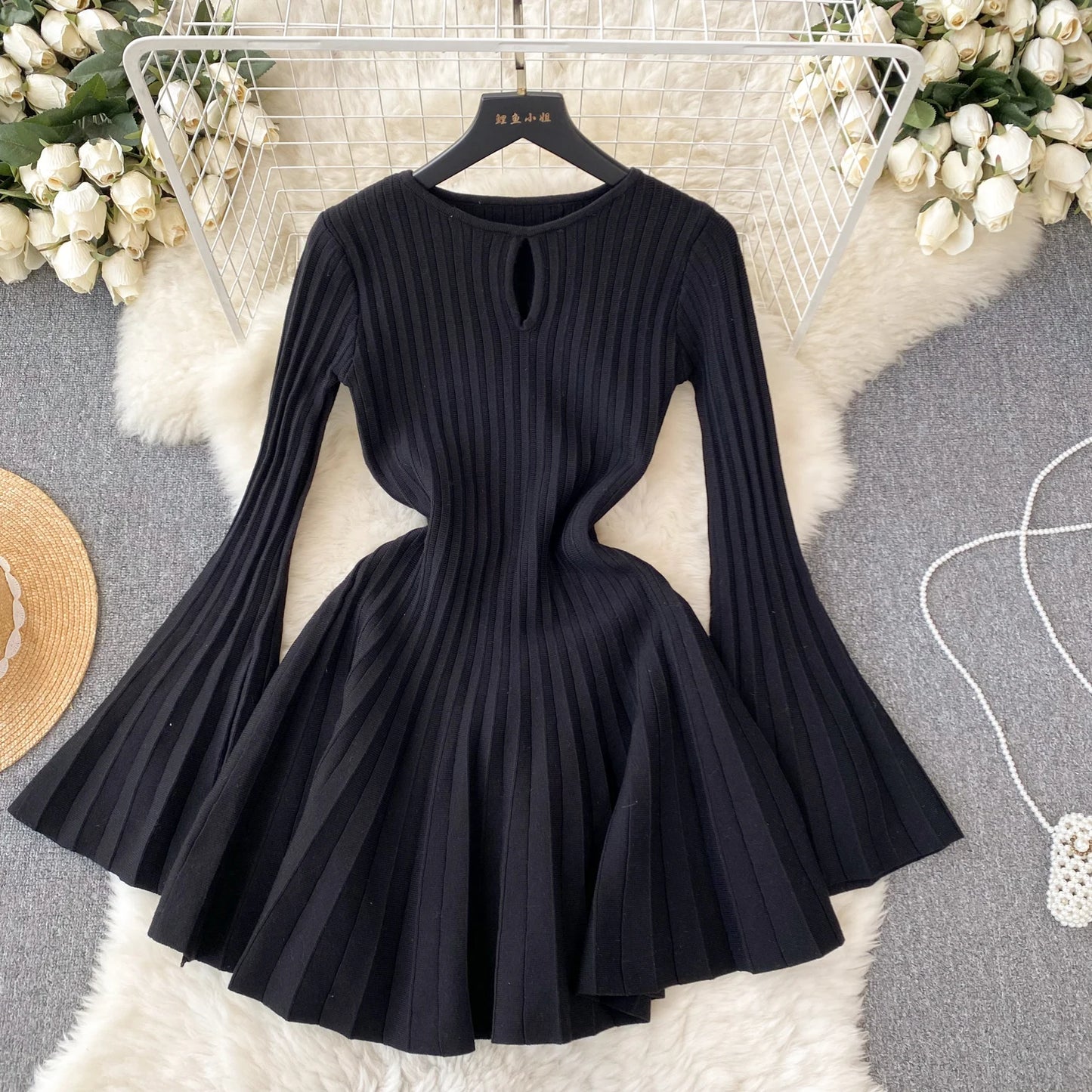 SINGREINY Elegant Knit Pleated Mini Dress Women Soft Ribbed Solid Flare Sleeve Fashion Lady Casual Sweater Slim Dresses