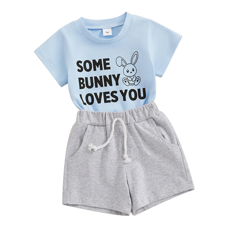 Baby Boy Easter Outfit Round Neck Short Sleeve Letter Print Tops Elastic Waist Shorts 2 Piece Summer Set for Infant Toddler