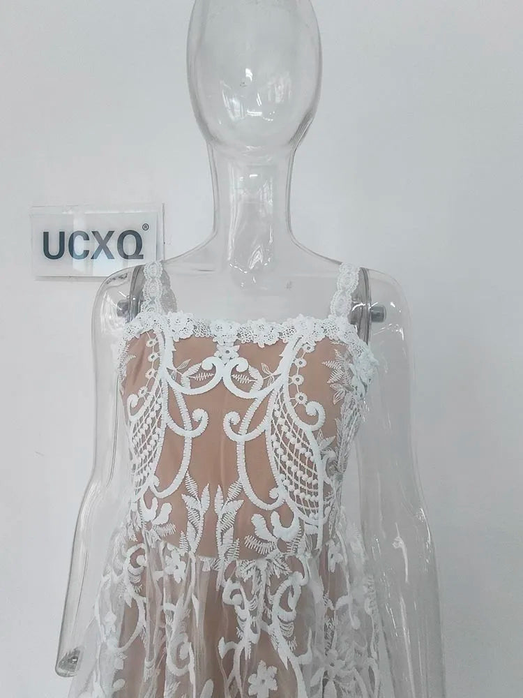 UCXQ Square Neck Lace Embroidery Elegant Long Dress Fairycore Waist Sleeveless Camisole Dresses Women 2025 Spring Summer 23A8639