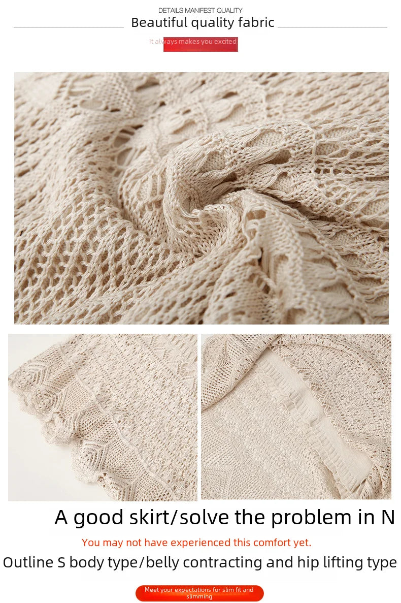 Spring Autumn High-waisted Loose-fit Knit Skirt Women's Hook Flower Hollow Out Long Dress 90cm