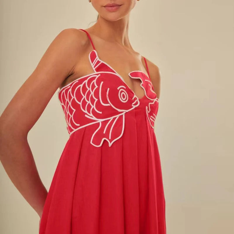 3D Fish Shaped Embroidery Pleated Sling Dress Women Spring Strapless Hollow Party Long Dress Summer Backless Side Zip Boho Dress