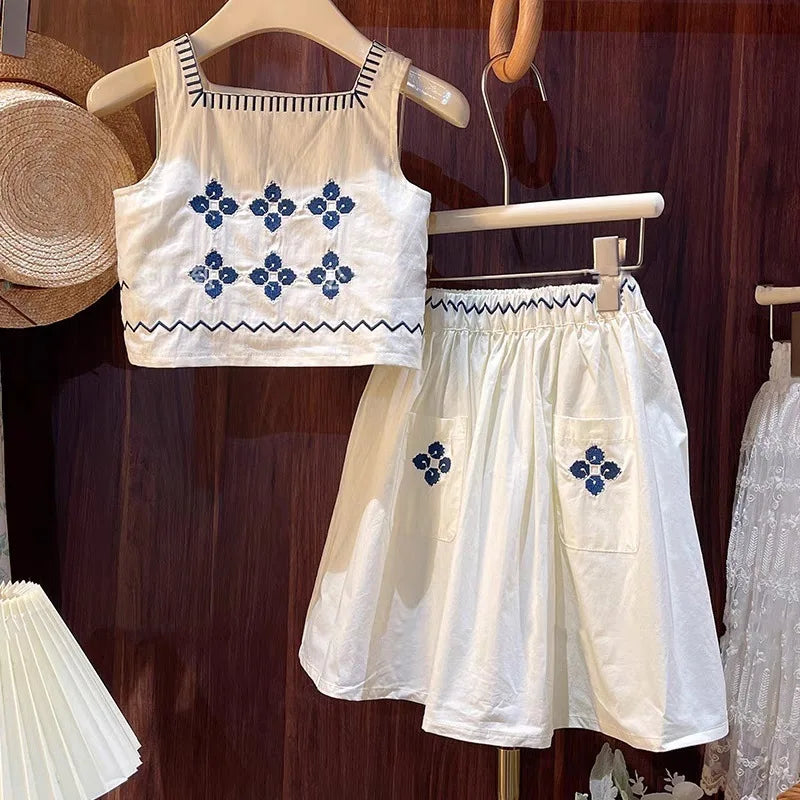 Children's Clothing Sets Floral Embroidery Sleeveless Top + Skirt 2pcs Kids Clothes Girls for 2 To 7 Years Baby Girl Outfit Set