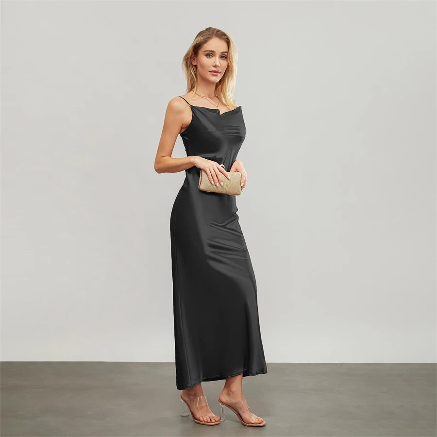 Elegant Satin Long Dress Solid Color Sleeveless Cowl Neck Wrap Party Dress