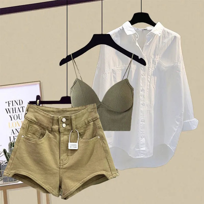 Spring/Summer Set Women's New Design Sense Sunscreen Shirt Fashion Tank Top Slimming Denim Shorts Age Reducing Three Piece