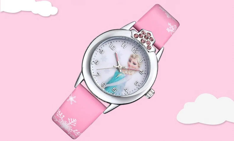 Elsa Girls Kids Watch Leather Strap Cute Children's Cartoon Anime Princess Crown Table Gifts