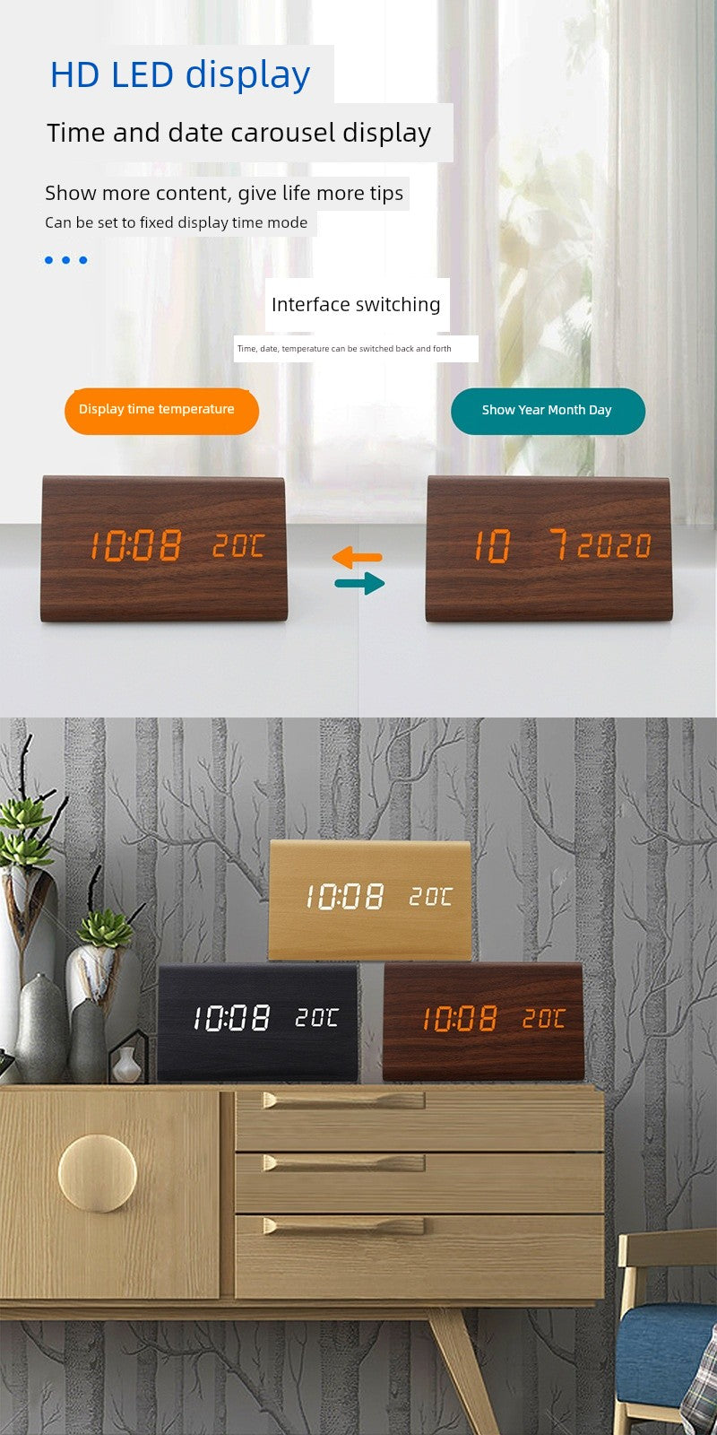 Automatic Timing Wooden Bedside Electronic Clock Led Alarm Clock Desktop L Electronic Student Dormitory Fashion Clock Bedroom Decoration