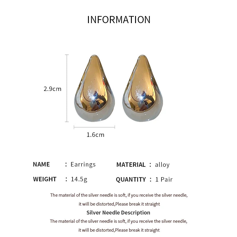 Simple Metal Gold Color Droplet Shaped Earrings for European American Womens Fashionable Design Jewelry Exquisite Accessories
