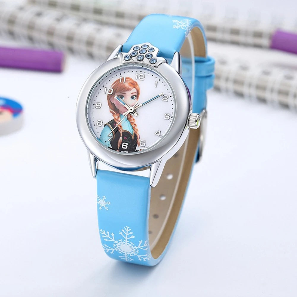 Elsa Girls Kids Watch Leather Strap Cute Children's Cartoon Anime Princess Crown Table Gifts