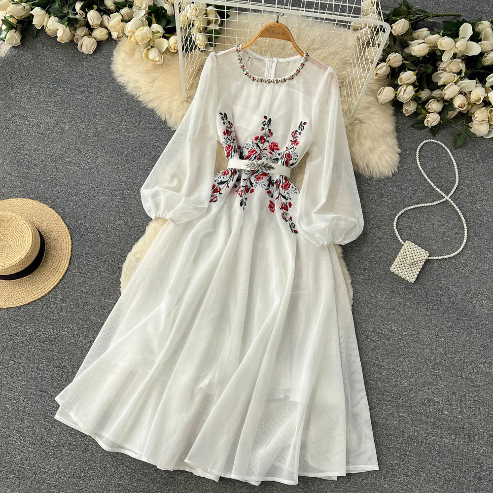 Autumn White/Beige Beading Embroidered Long Dress For Women Elegant O-Neck Puff Sleeve High Waist Elegant Party Robe New Fashion