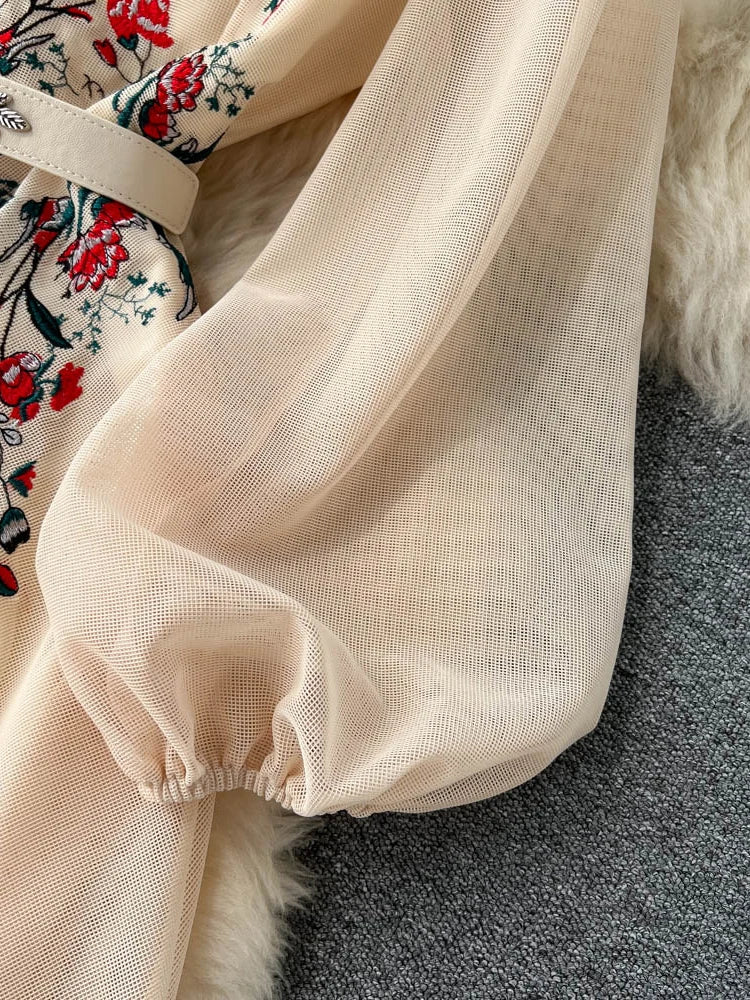 Autumn White/Beige Beading Embroidered Long Dress For Women Elegant O-Neck Puff Sleeve High Waist Elegant Party Robe New Fashion