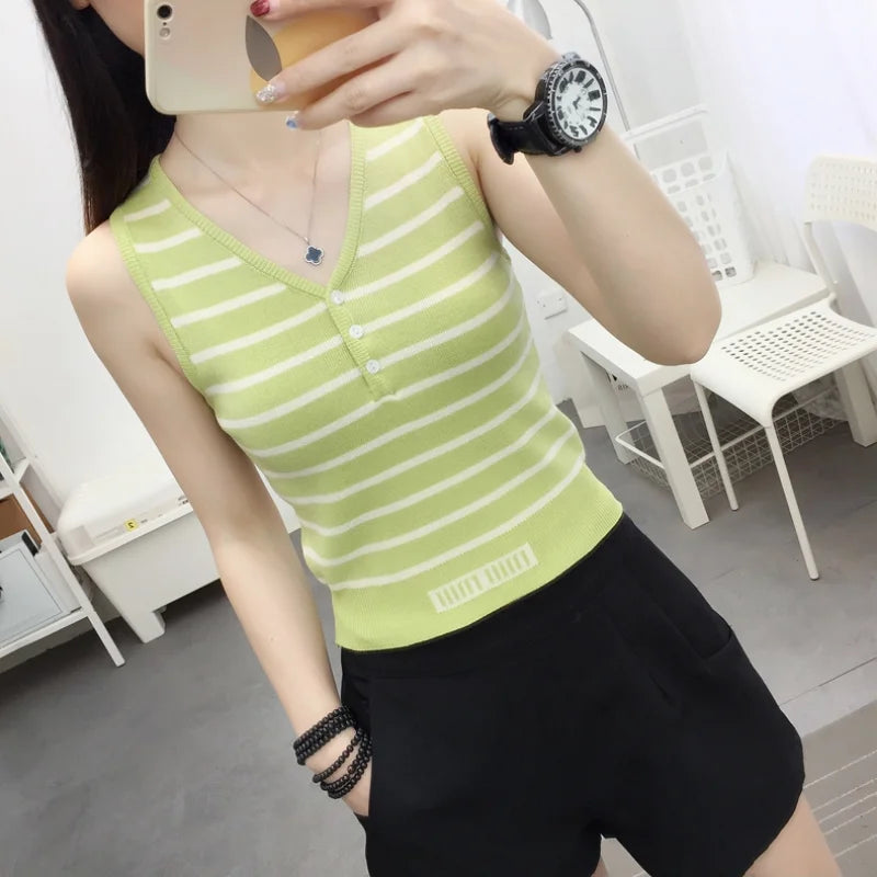 Summer New Short Ice Silk Sling Striped Tank Women's V-neck Button Slim Elastic Versatile Fashion Knitted Sleeveless Top