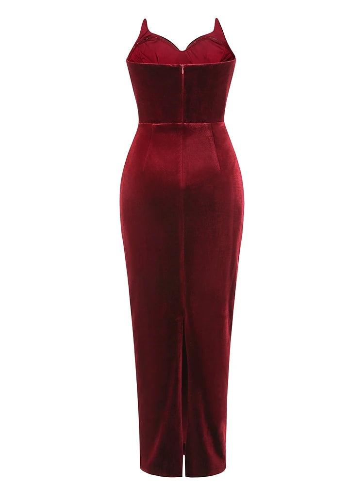 Sexy Strapless V Neck Velvet Maxi Dress Women Burgundy Black Sleeveless Backless Skinny Long Dress Party Evening Runway Dresses
