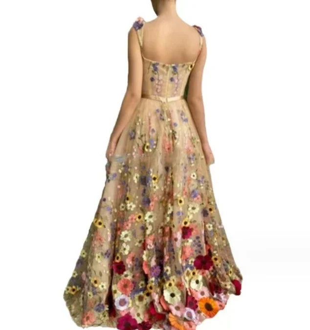 3D Floral Embroidery Strap Slim Maxi Dresses for Women Elegant Fashion Backless Sleeveless Wrap Hip Sexy Party Long Dress