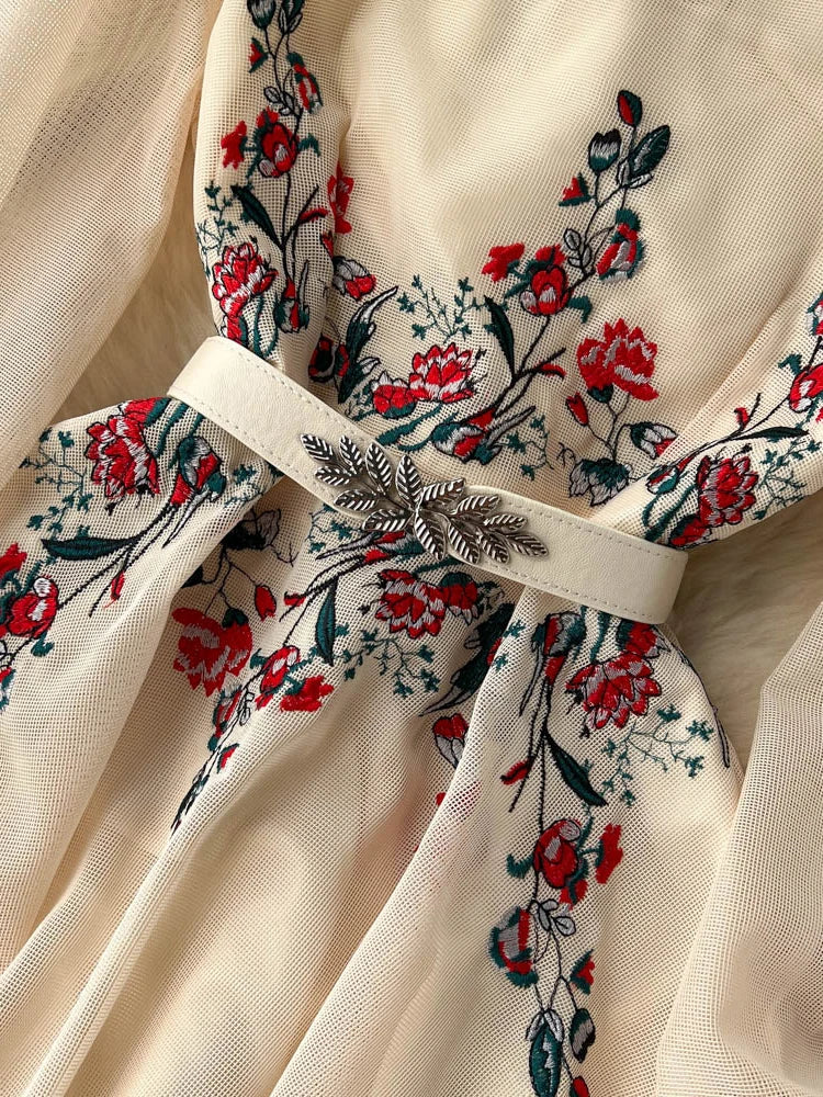 Autumn White/Beige Beading Embroidered Long Dress For Women Elegant O-Neck Puff Sleeve High Waist Elegant Party Robe New Fashion