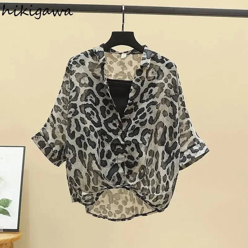 2025 Blusas Mujer De Moda Chiffon Shirts Sets Fashion Sexy Leopard V-neck Blouses Tunic Vest Suit Temperament Summer Loose Tops