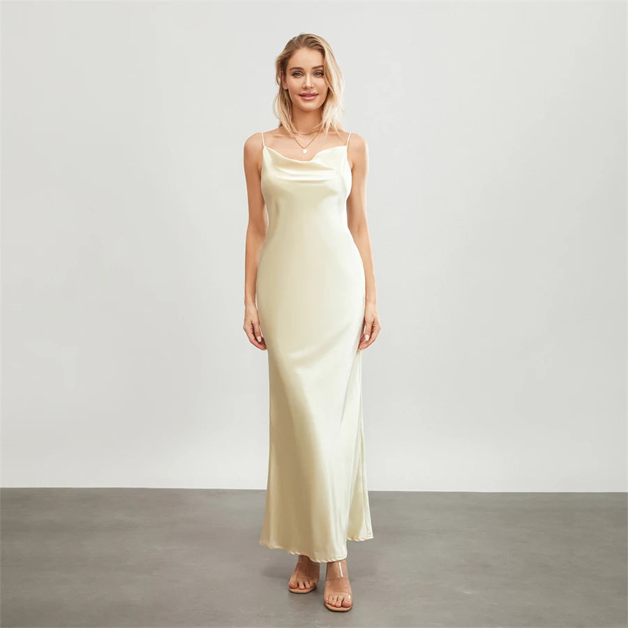 Elegant Satin Long Dress Solid Color Sleeveless Cowl Neck Wrap Party Dress
