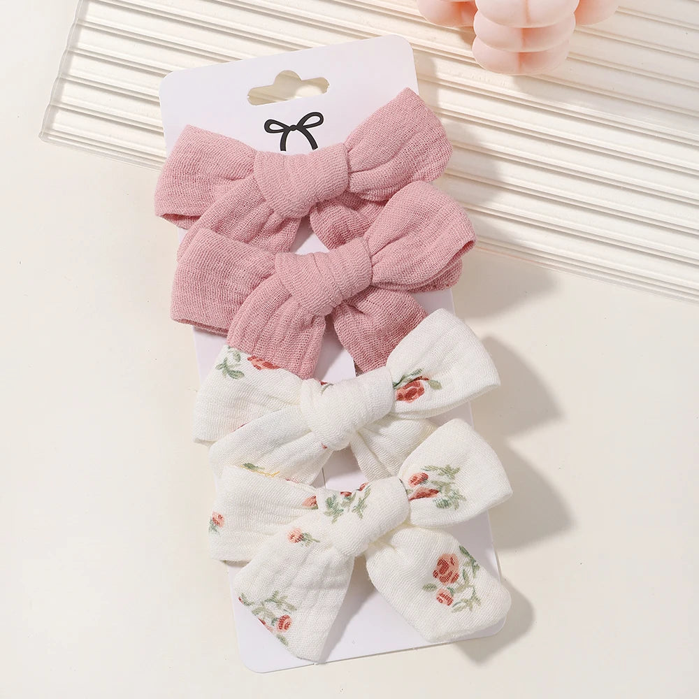 4PCS/Set Muslin Baby Girls Bows Hair Clips Hairpins Hairclip For Kids Cotton Linen Barrette Flower Print Side Pin Accessories