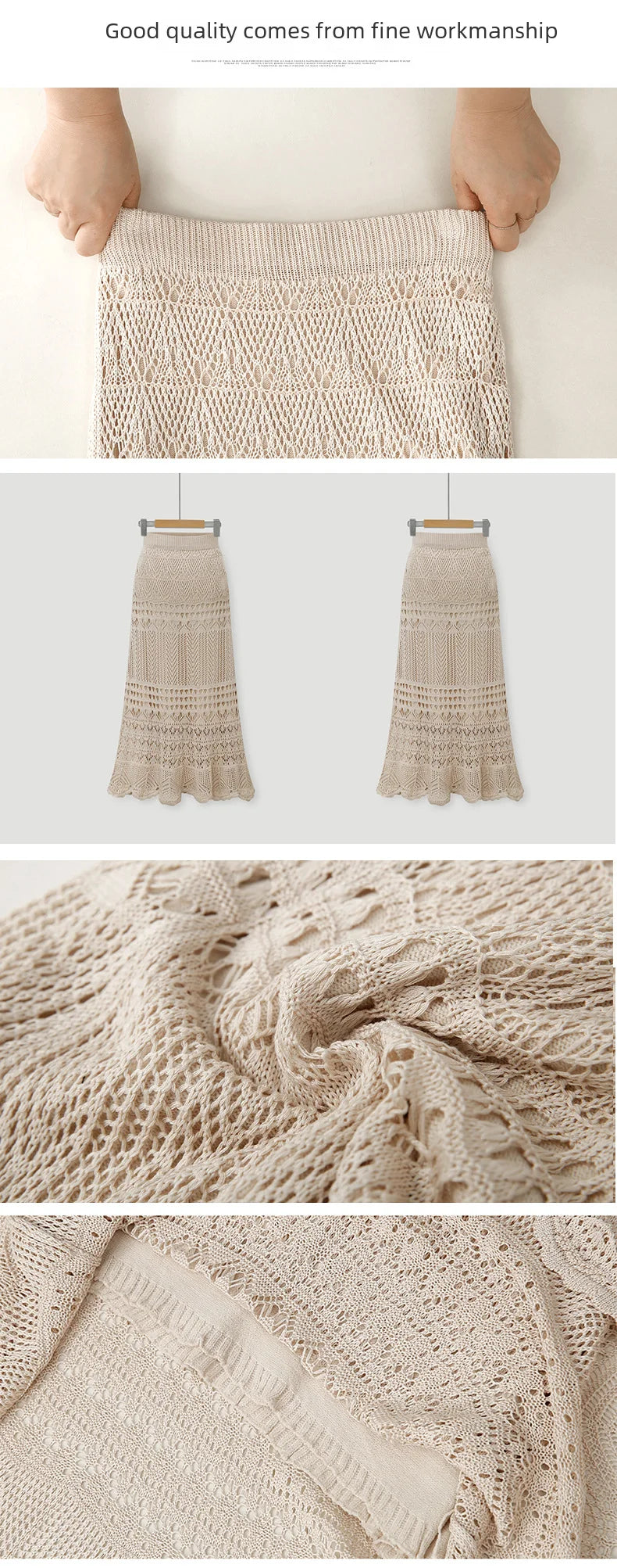 Spring Autumn High-waisted Loose-fit Knit Skirt Women's Hook Flower Hollow Out Long Dress 90cm